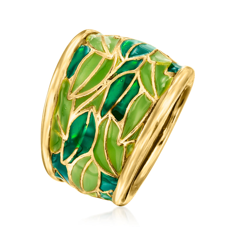Gold-tone wide dome ring with green enamel leaf pattern, side view