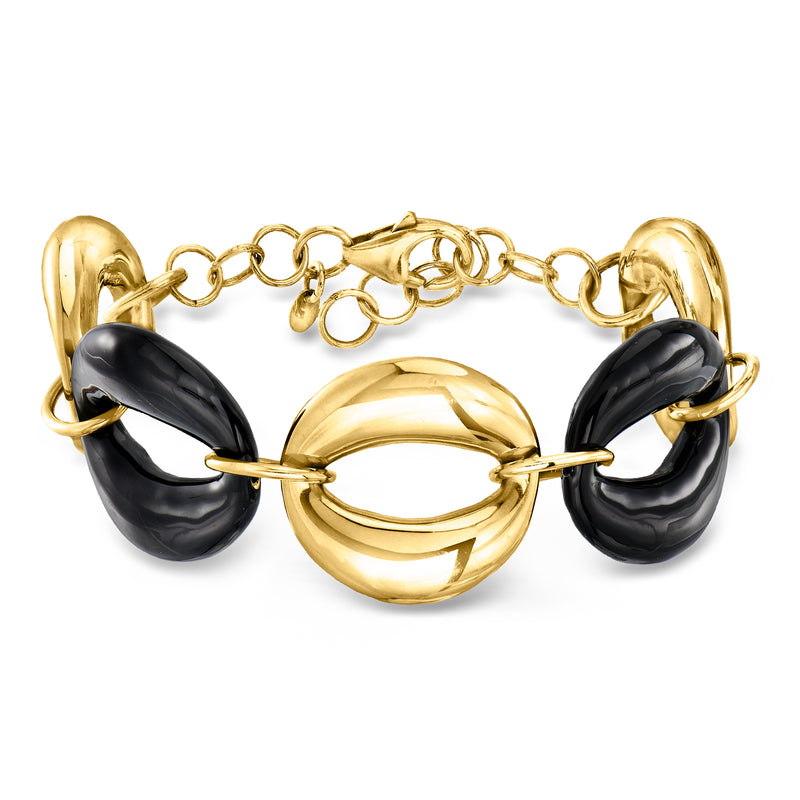 Oval-link bracelet with black enamel curved links and gold-tone clasp and chain