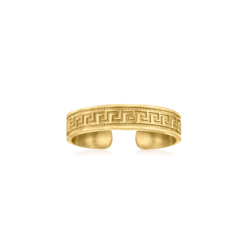 14kt yellow gold Greek key adjustable toe ring, engraved band with open ends