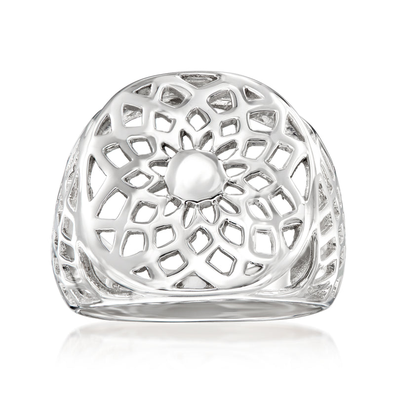 Sterling silver openwork floral ring with raised center cabochon and lattice design