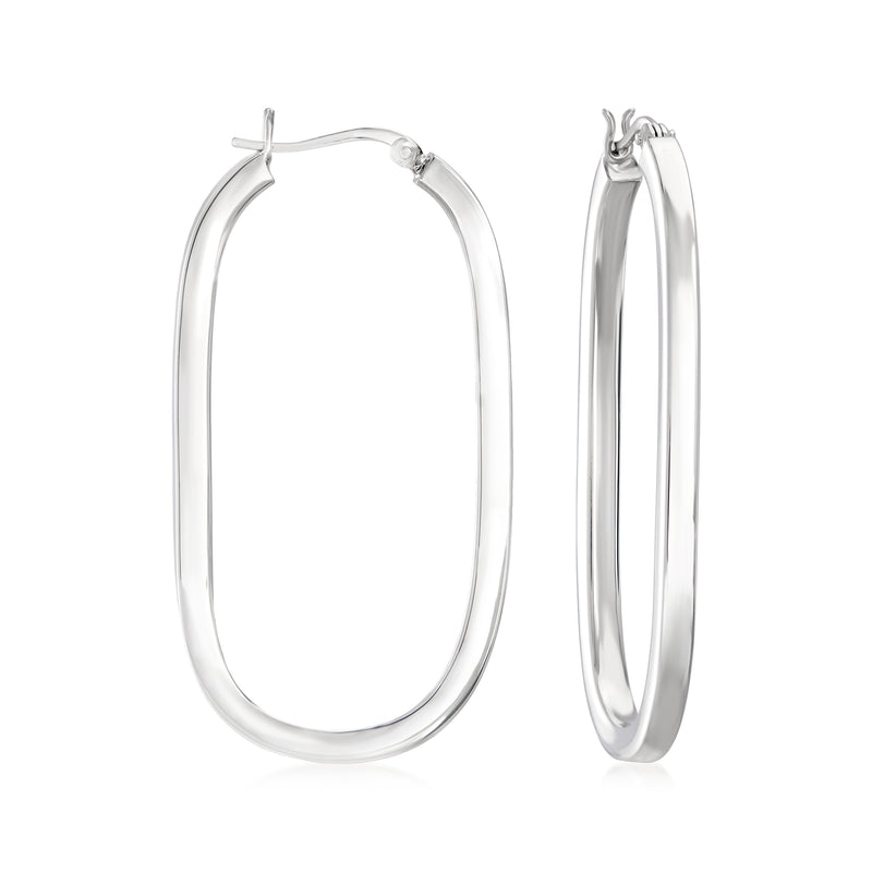 Elongated sterling silver hoop earrings with hinged clasp, oval profile