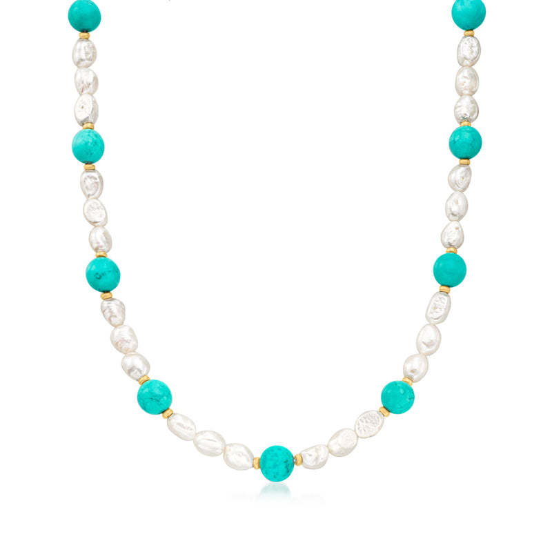 Cultured pearl and turquoise bead necklace with alternating bead pattern