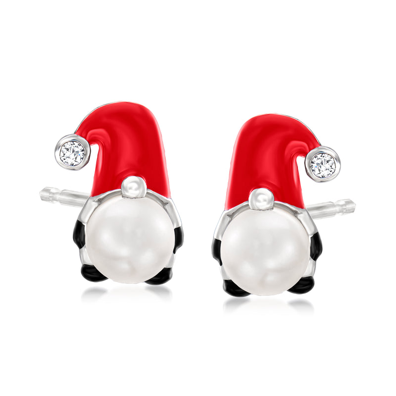 7.5-8mm Cultured Pearl and .10 ct. t.w. White Topaz Gnome Earrings with Multicolored Enamel in Sterling Silver
