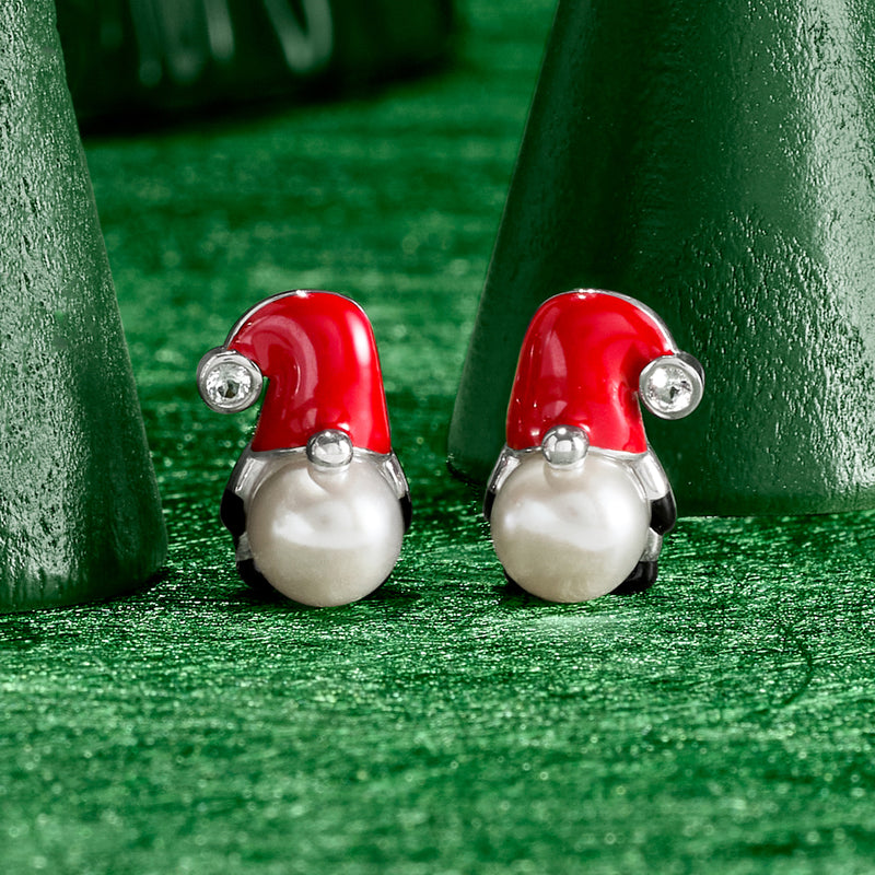 7.5-8mm Cultured Pearl and .10 ct. t.w. White Topaz Gnome Earrings with Multicolored Enamel in Sterling Silver