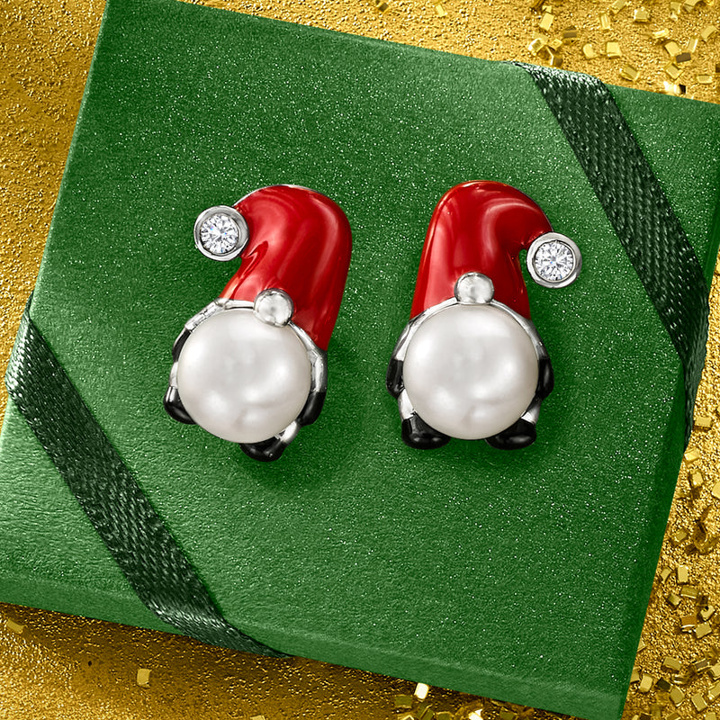 7.5-8mm Cultured Pearl and .10 ct. t.w. White Topaz Gnome Earrings with Multicolored Enamel in Sterling Silver