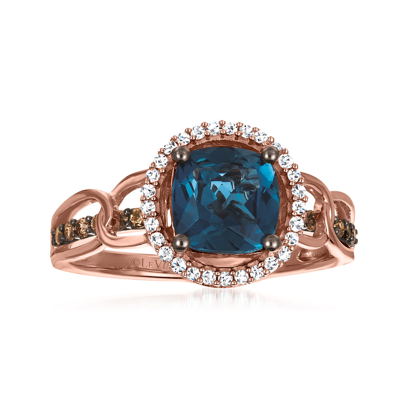 Le Vian rose gold ring with deep blue topaz center and diamond halo