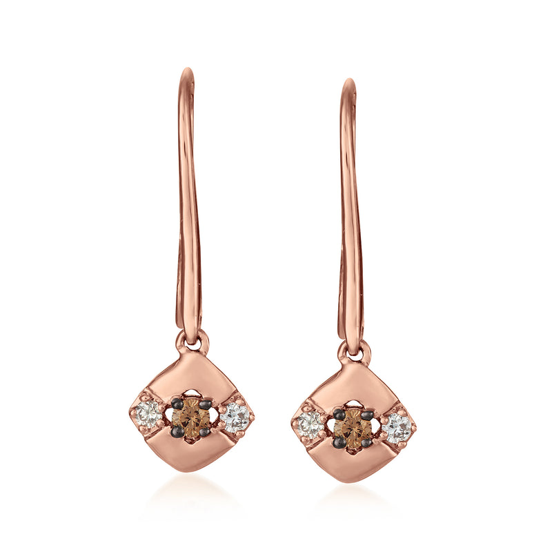 14kt rose gold diamond square drop earrings, round center cluster with halo detail