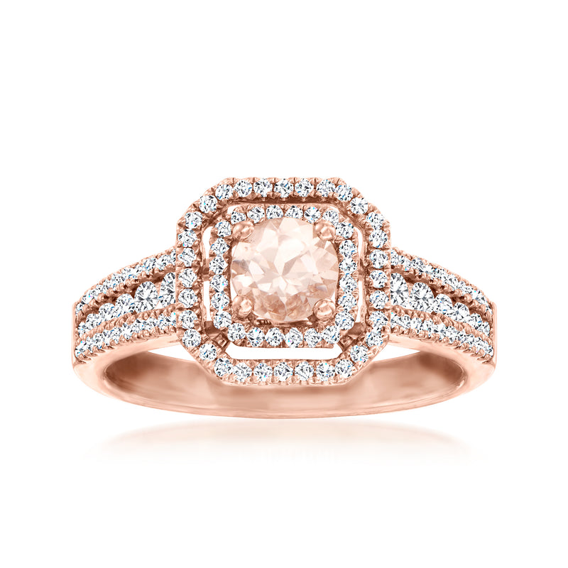 Le Vian peach morganite ring with diamond halo and split shank in strawberry gold