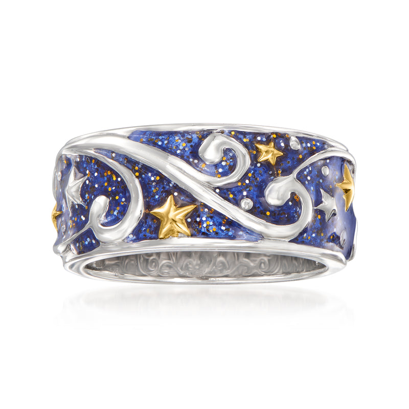 Two-tone sterling silver celestial ring with blue glitter enamel, stars and swirls