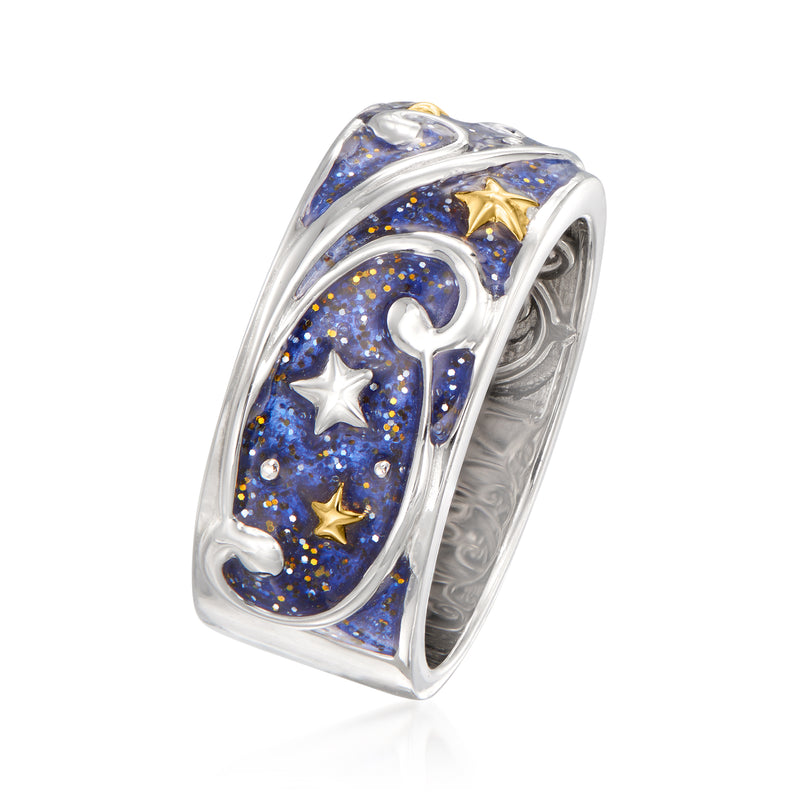 Two-tone sterling silver ring with blue glitter enamel, stars and heart-like swirl