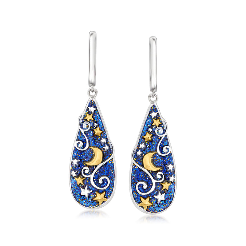 Two-tone sterling silver celestial teardrop drop earrings, glittery blue enamel