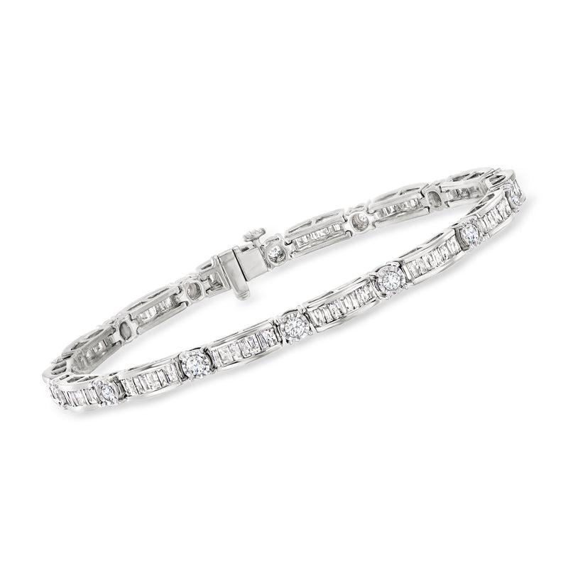 Sterling silver diamond tennis bracelet with baguette and round stones