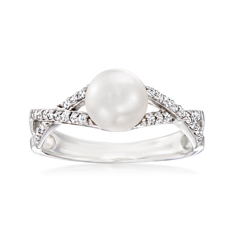 Sterling silver crisscross ring with large white cultured pearl and round diamonds