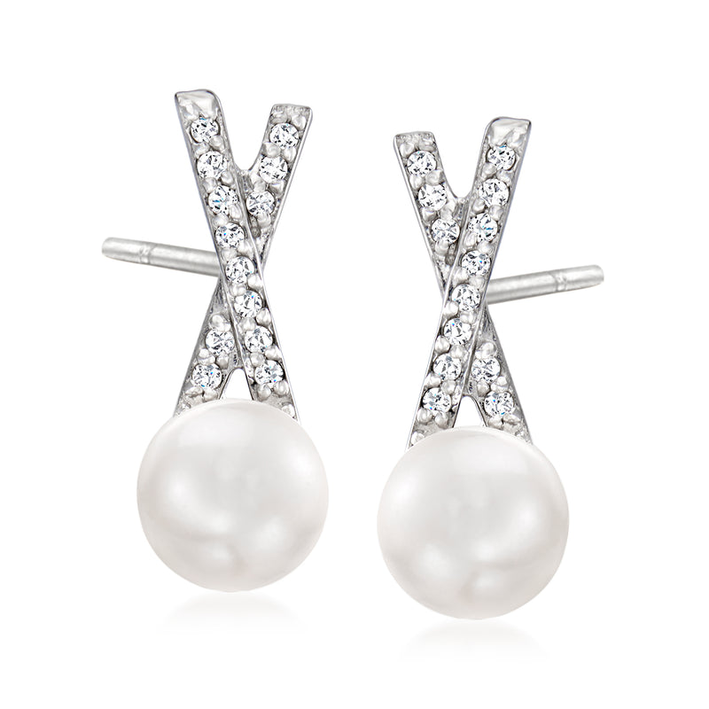 Sterling silver post earrings with X diamond frame and white cultured pearl drop