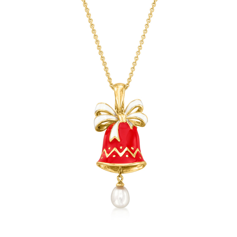 Gold-tone bell pendant necklace with red enamel bow and white pearl drop
