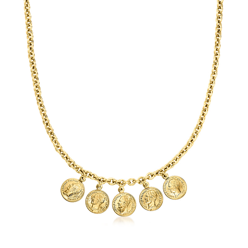 Gold-tone coin drop necklace with five circular coin pendants on a chain