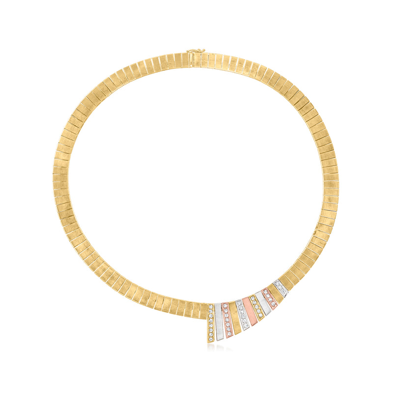 Tri-colored gold diamond necklace with ribbed band and multicolor enamel accents