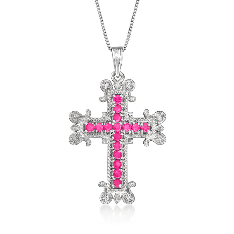Sterling silver cross pendant necklace with pink ruby stones and diamond accents