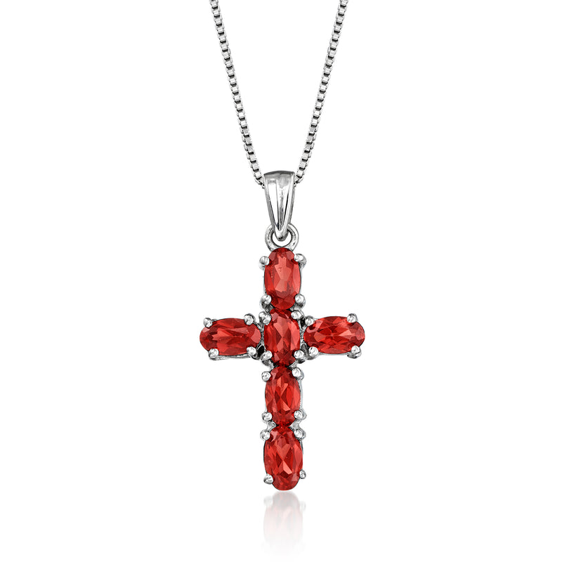 Sterling silver cross pendant necklace with red garnet stones, oval cuts