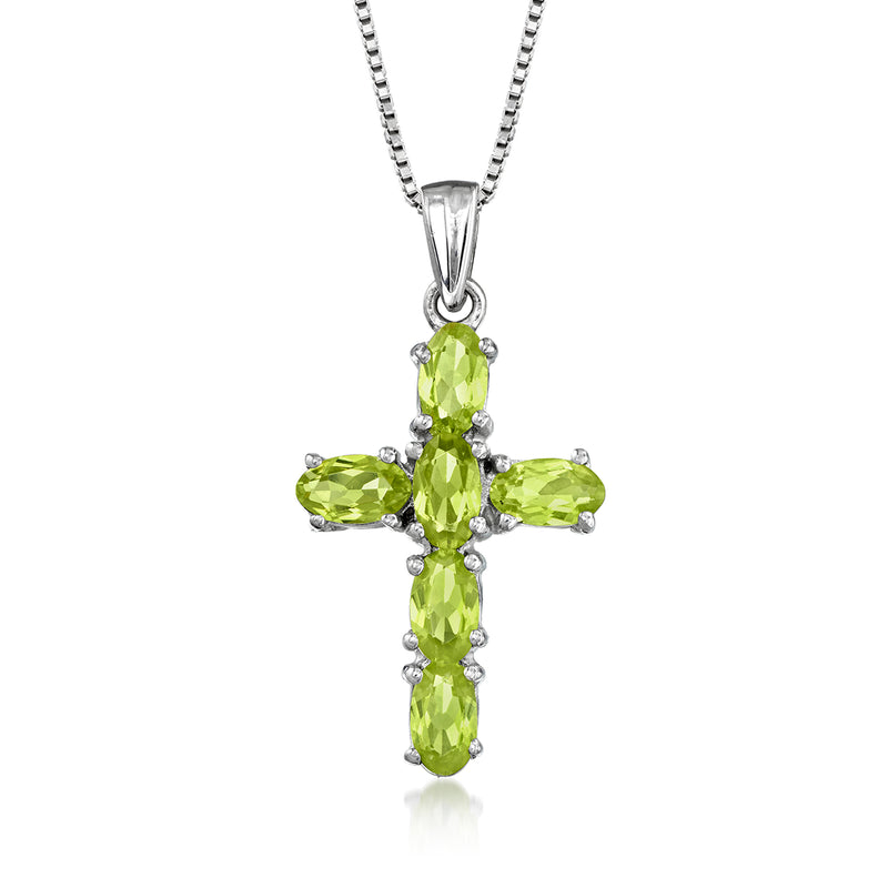 Sterling silver cross pendant necklace with green oval peridot stones