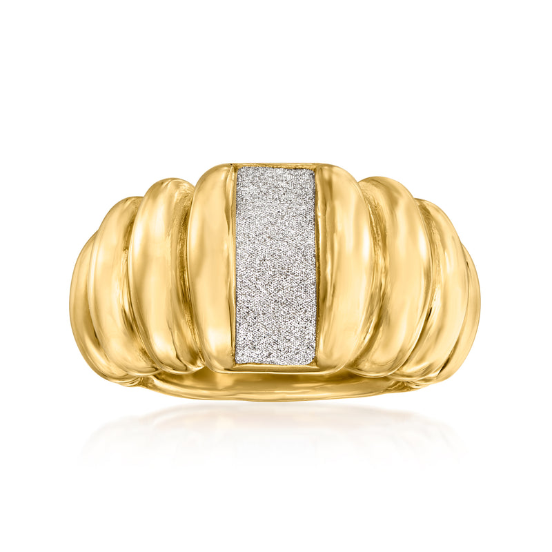 18kt gold over sterling ring with textured oval center and ribbed band accents
