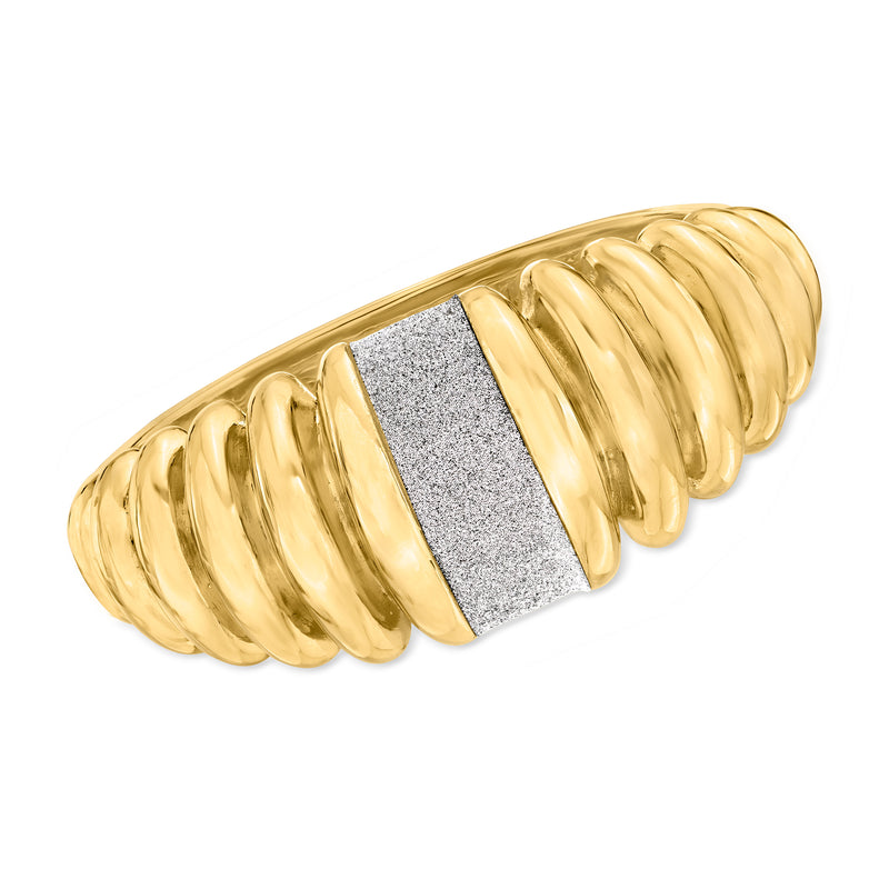 Gold-tone enamel bangle bracelet with ribbed segments and a shimmering center panel