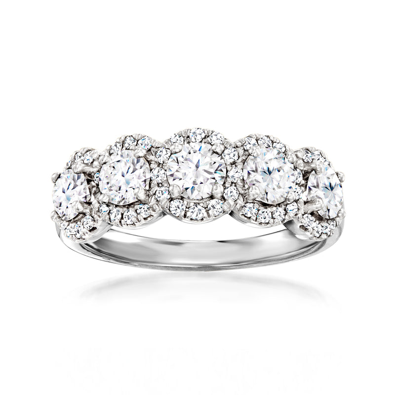 14kt white gold diamond anniversary ring with oval center and round diamond halos