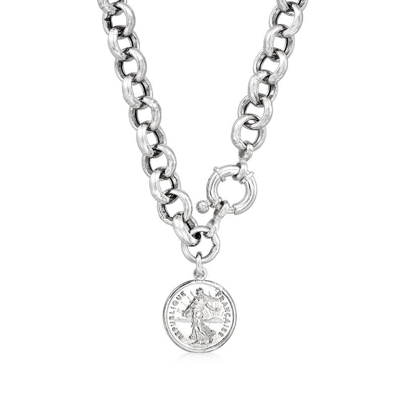 Silver rolo-link chain necklace with round replica coin pendant