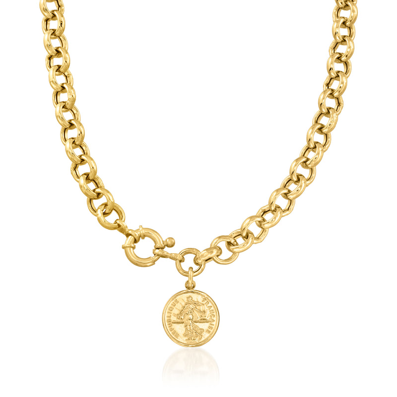 Gold rolo-link necklace with small round coin pendant