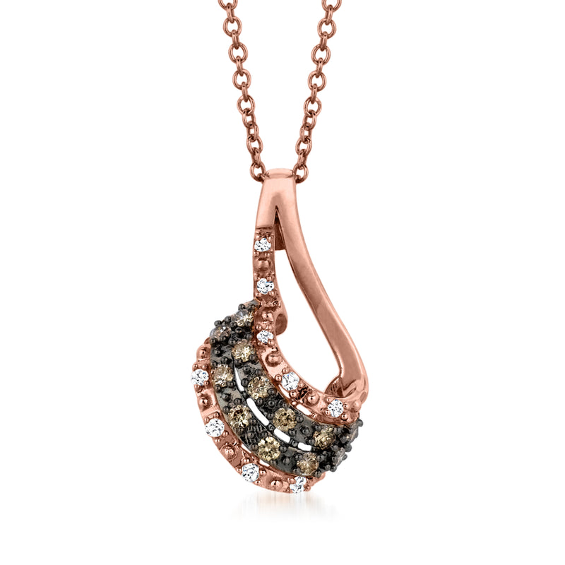 Rose gold curvy pendant necklace with U-shaped horseshoe design and dark/clear diamonds