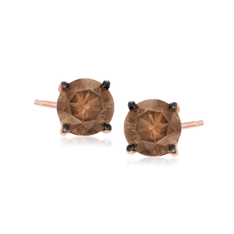 Round chocolate diamond stud earrings in strawberry gold with black prongs