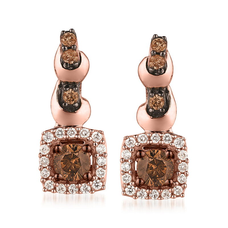 Rose gold square drop earrings with dark brown center stones and white diamond halos