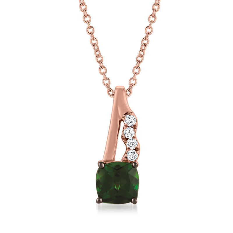 Rose gold pendant necklace with oval green gemstone and three clear diamond-like accents