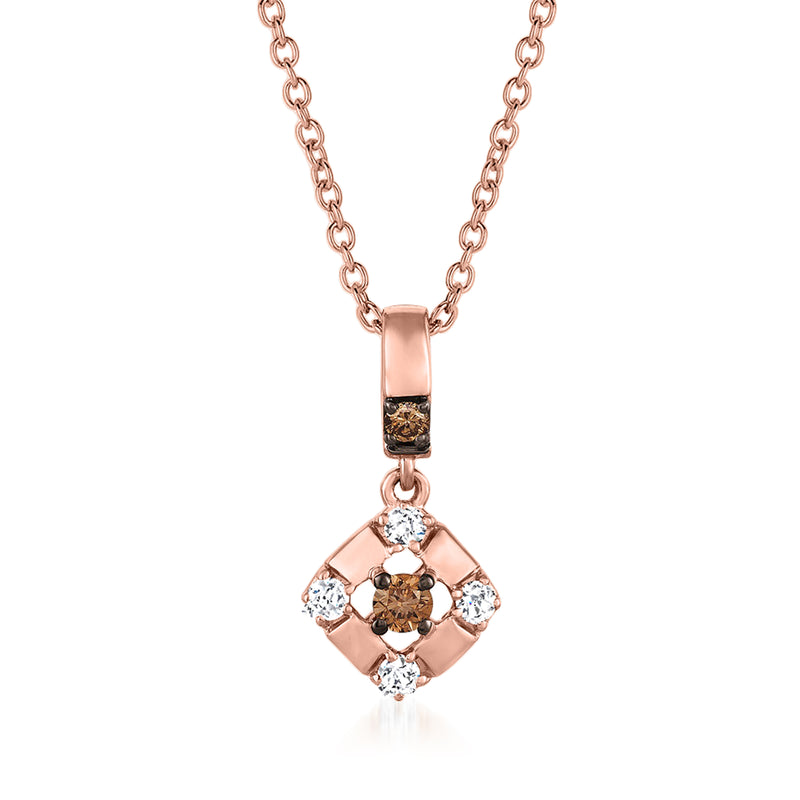 14kt rose gold diamond pendant necklace with brown center and four white accents