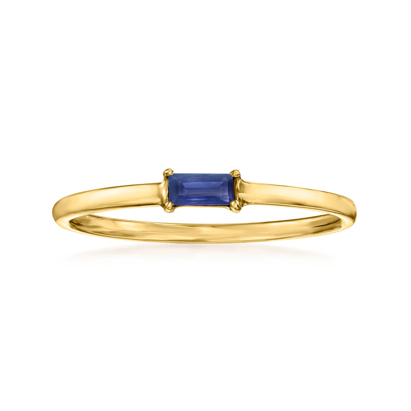 14kt yellow gold ring with rectangular blue sapphire centerpiece in gold prongs