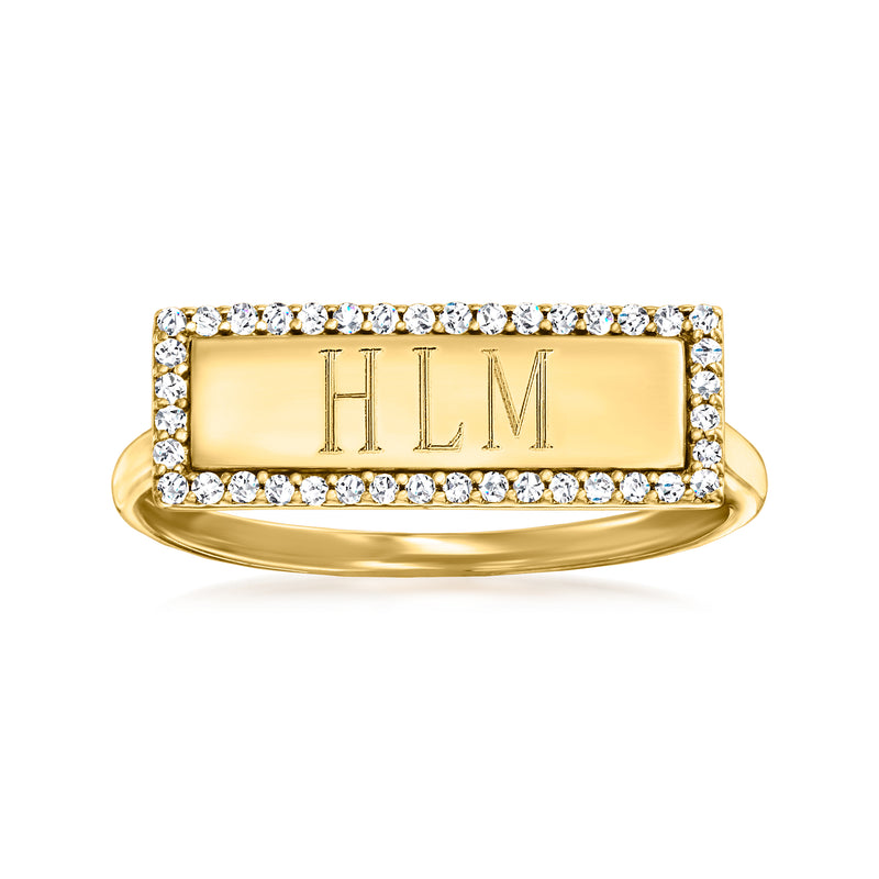 14kt yellow gold diamond ring with rectangular bezel and engraved “HLM” center