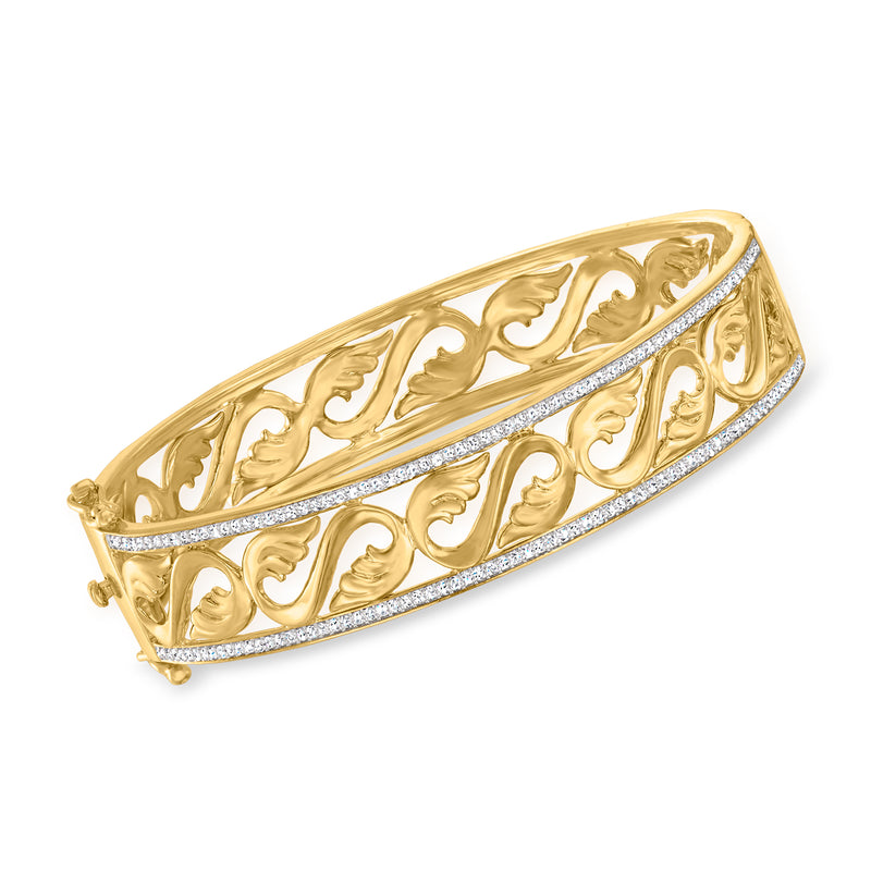 Gold over sterling infinity bangle bracelet with diamond accents and openwork scroll design