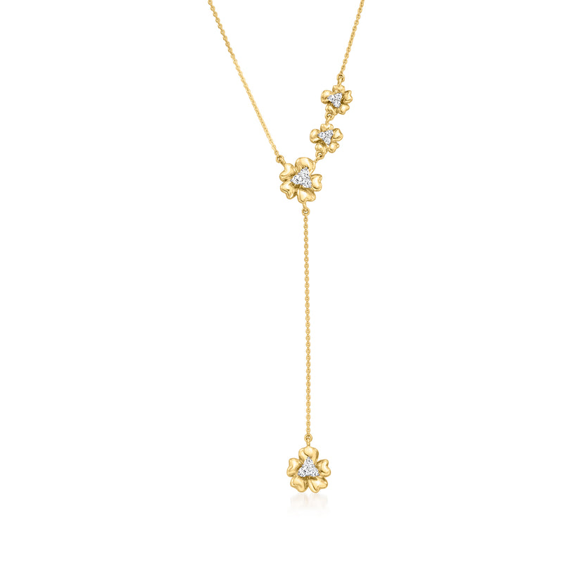 14kt yellow gold Y-necklace with dangling diamond flower drops