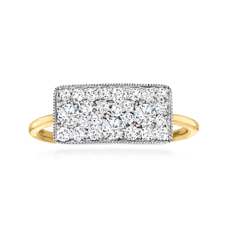Diamond rectangular cluster ring in yellow gold and sterling silver