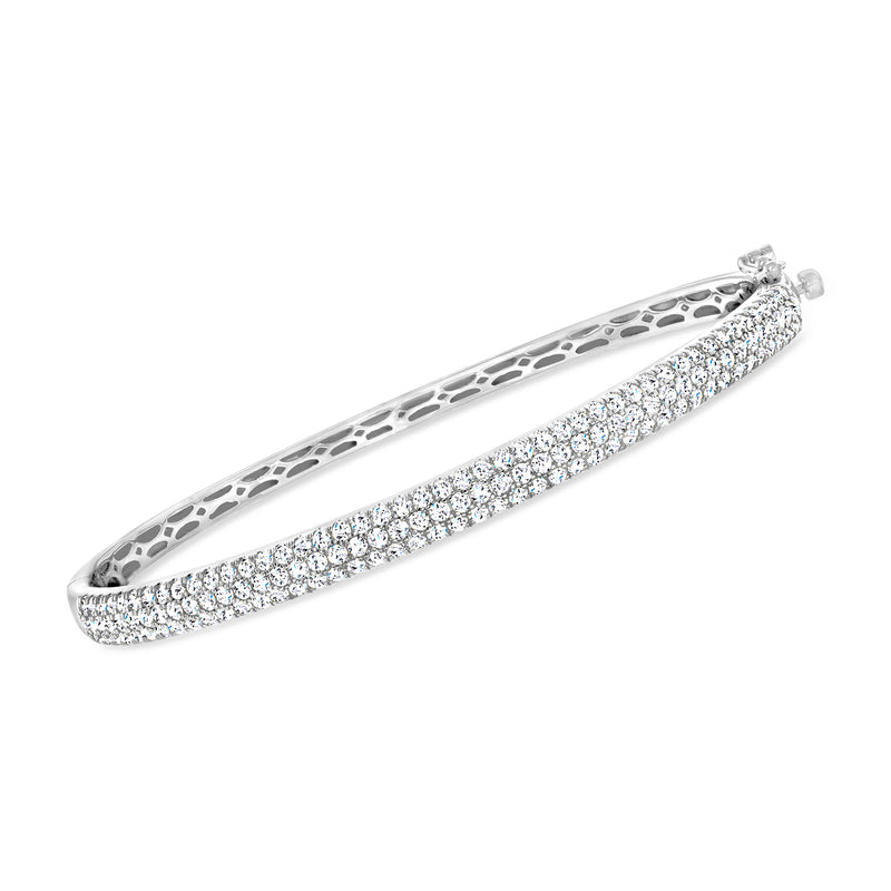 Sterling silver diamond three-row bangle bracelet with pavé front