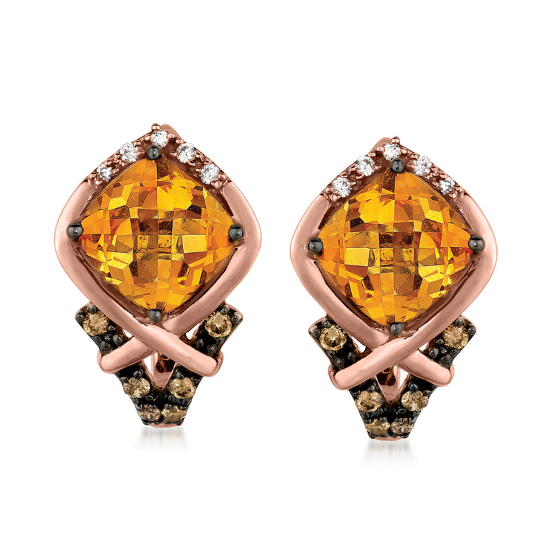 Rose gold stud earrings with oval orange citrine and chocolate diamond accents