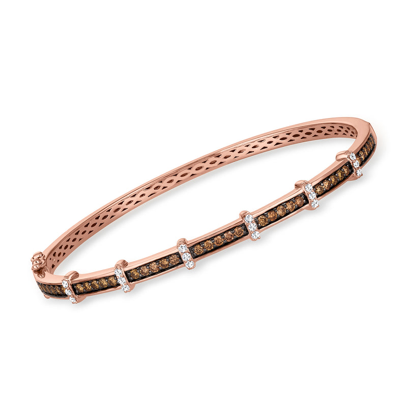 14kt strawberry gold diamond bangle with lattice openwork and alternating dark and white stones