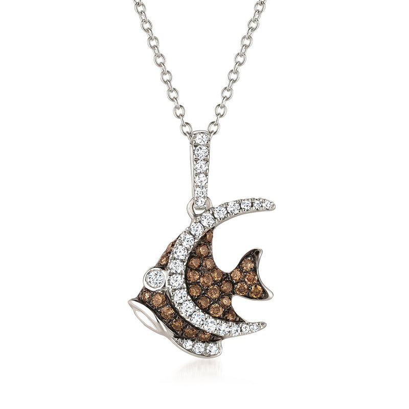 Fish pendant necklace in 14kt gold with diamond accents, brown and white stones