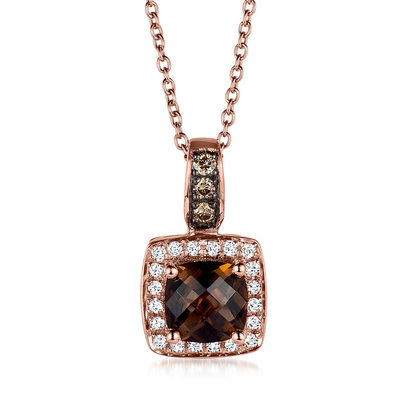 Rose gold pendant necklace with square dark chocolate quartz and diamond-like halo
