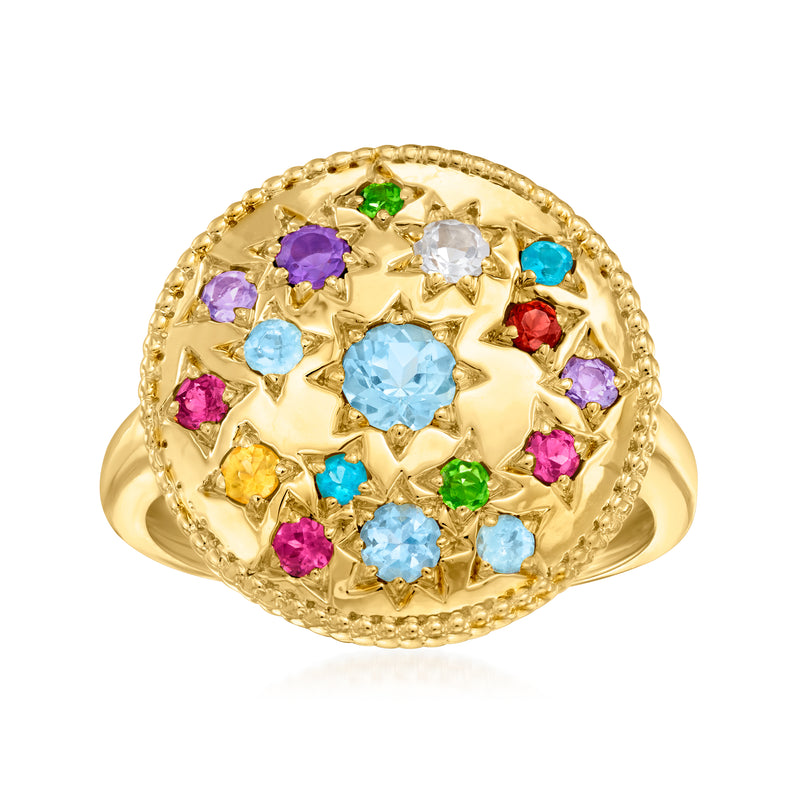 Gold-tone multi-gemstone circle ring with purple, blue, green, and red stones