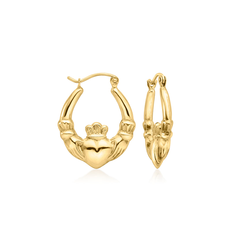 10kt yellow gold claddagh hoop earrings, heart and crown detail