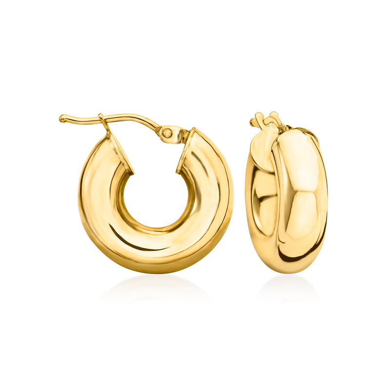14kt yellow gold huggie hoop earrings, polished rounded hoops with hinge