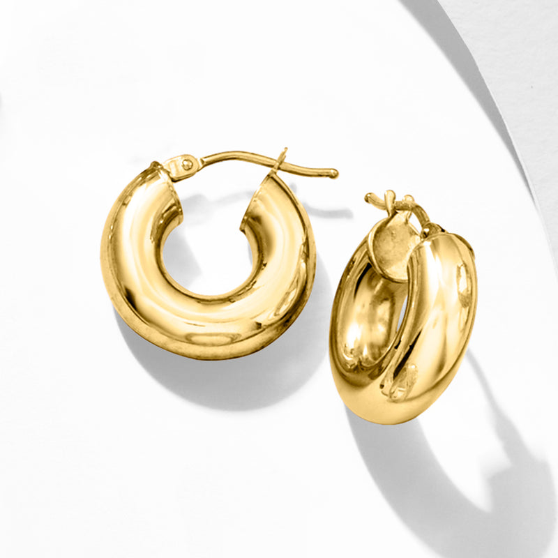 Polished 14kt yellow gold huggie hoop earrings with hinged post backing