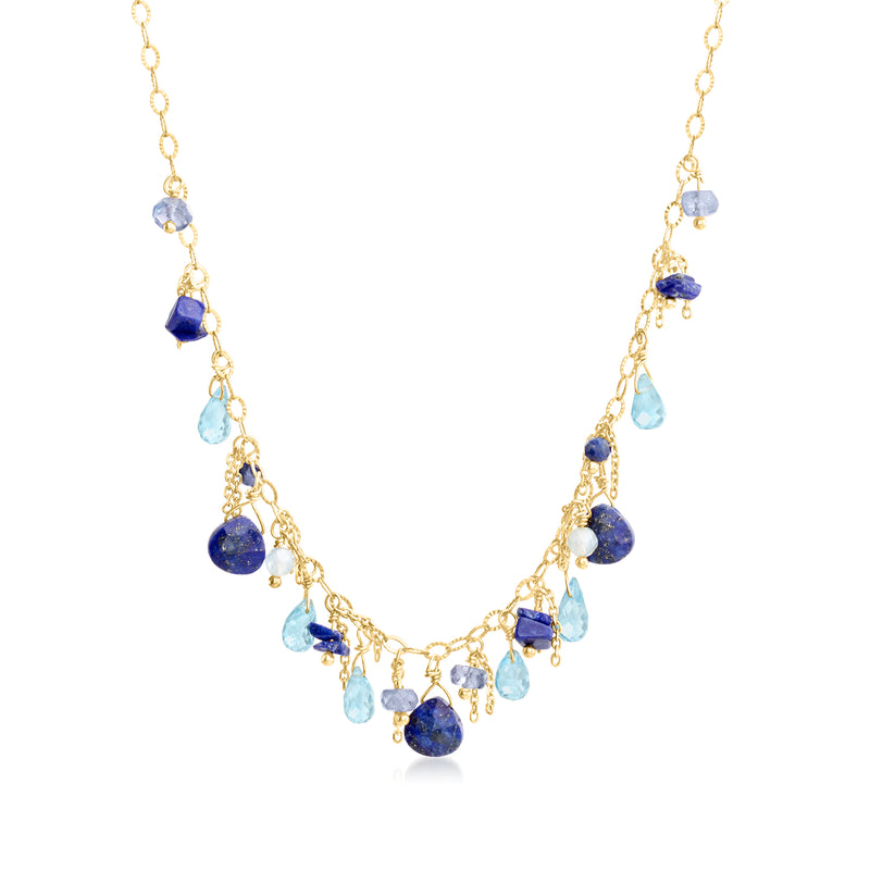 Gold over sterling multi-gem station drop necklace with blue and light-blue drops