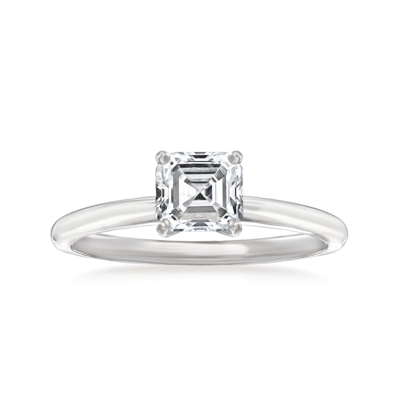 14kt white gold solitaire diamond ring with emerald-cut center stone